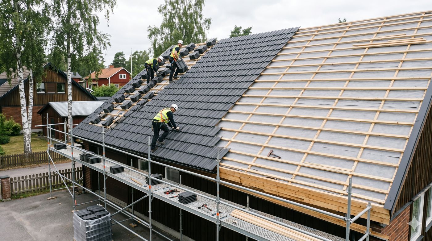 Takläggare lägger nya betongpannor på villatak i Stockholm