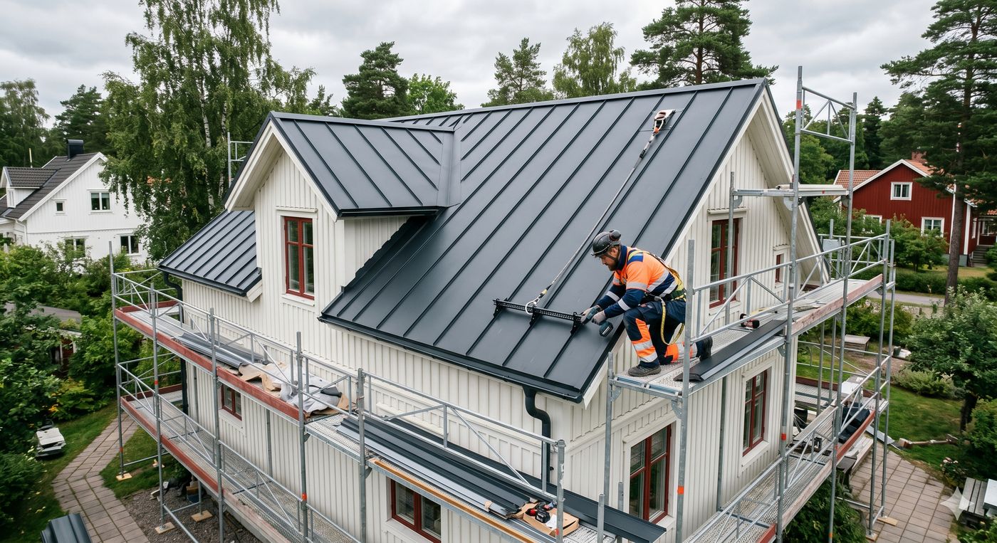 Plåttak monteras på villa i Stockholm med säkerhetslinor och ställning