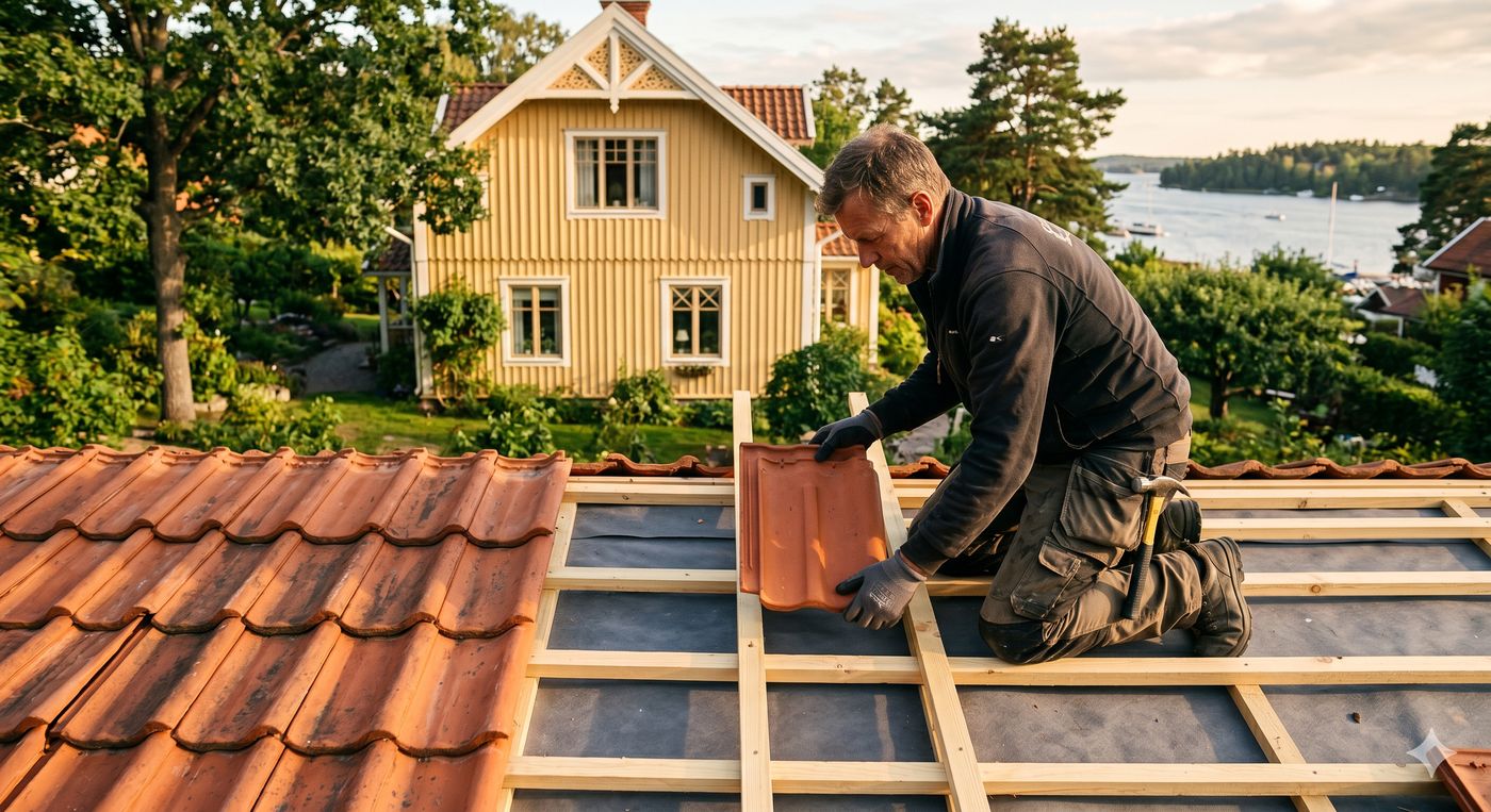 Takläggare lägger tegelpannor på äldre villa