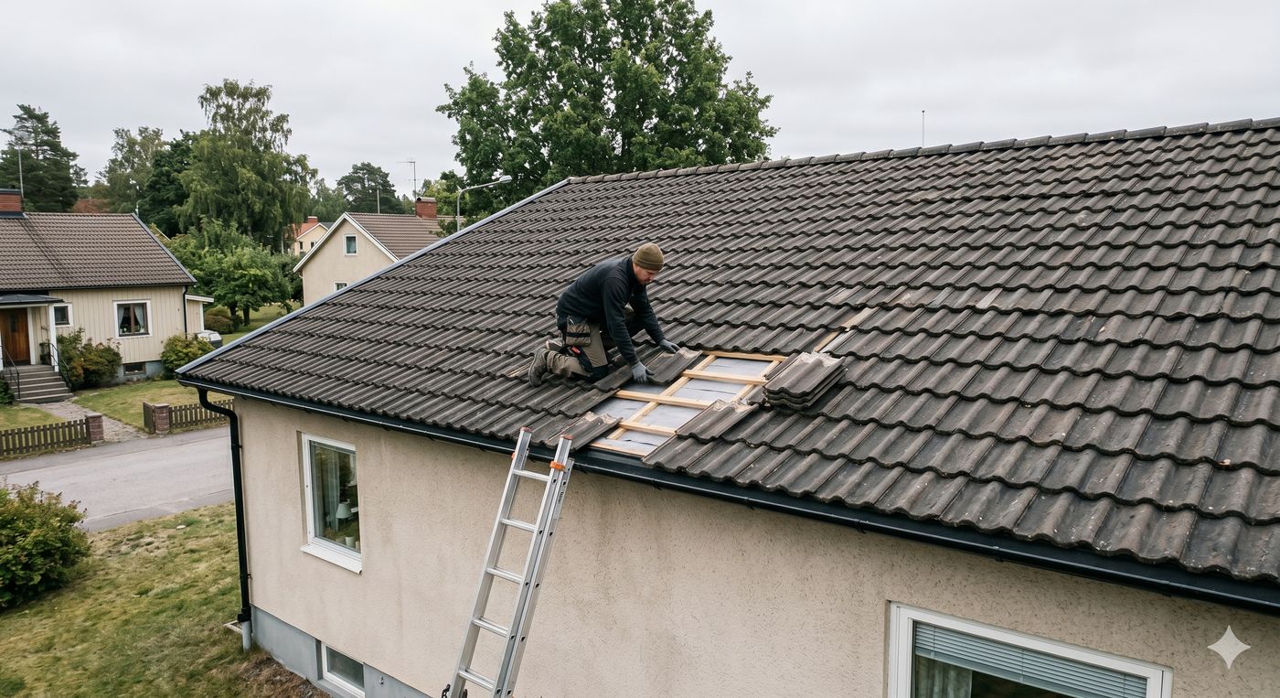 Takläggare gör akut lagning efter storm i Stockholm